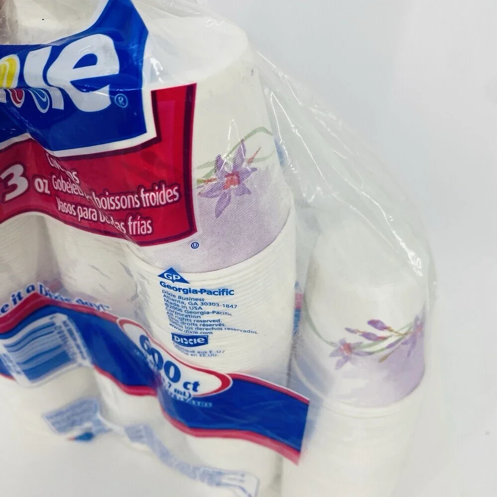 Dixie 3 oz Cold Cups Purple Floral Discontinued Open Bag Approximately 550 Count